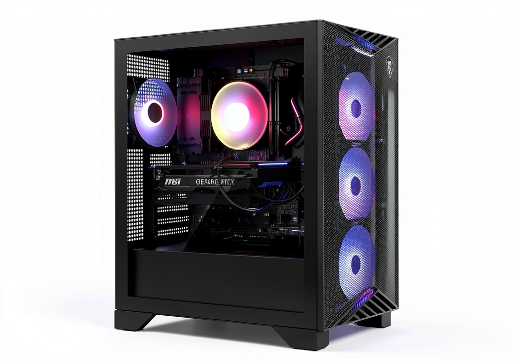 Installing MSI Gaming Desktop Ryzen 7 RTX 5070 32GB DDR5 SSD on a wooden desk