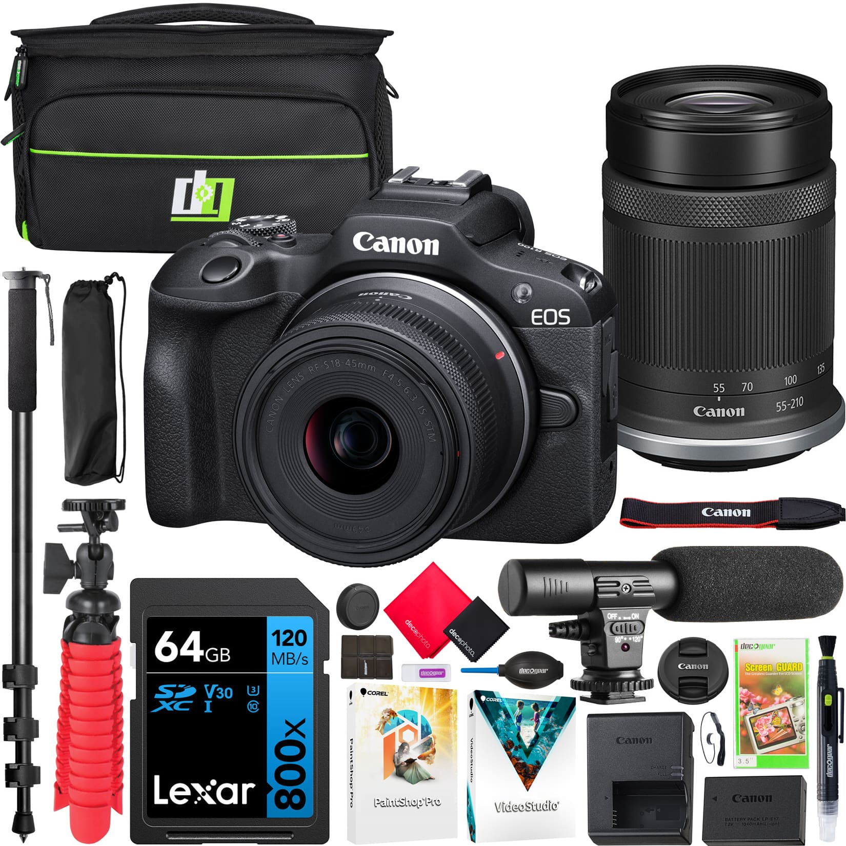 Canon EOS R100 camera with 18-45mm lens mounted on a table