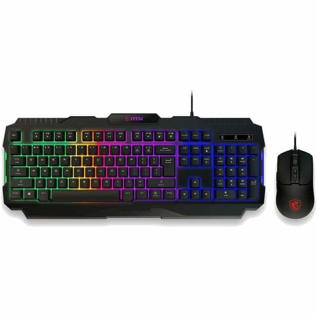 MSI FORGE GK100 gaming keyboard and mouse setup on a gaming desk