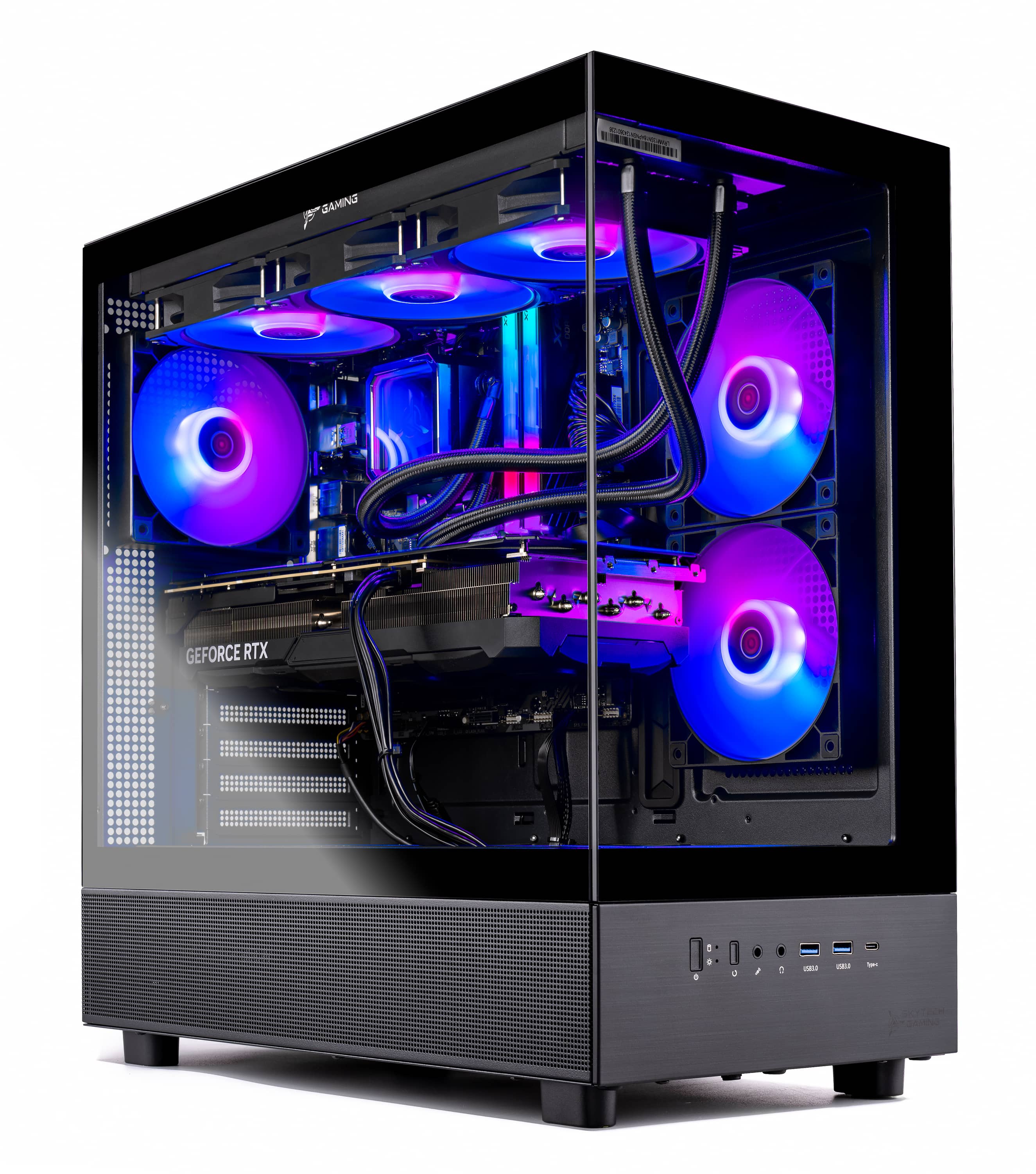 Skytech Gaming PC showing sleek black design and liquid cooling system