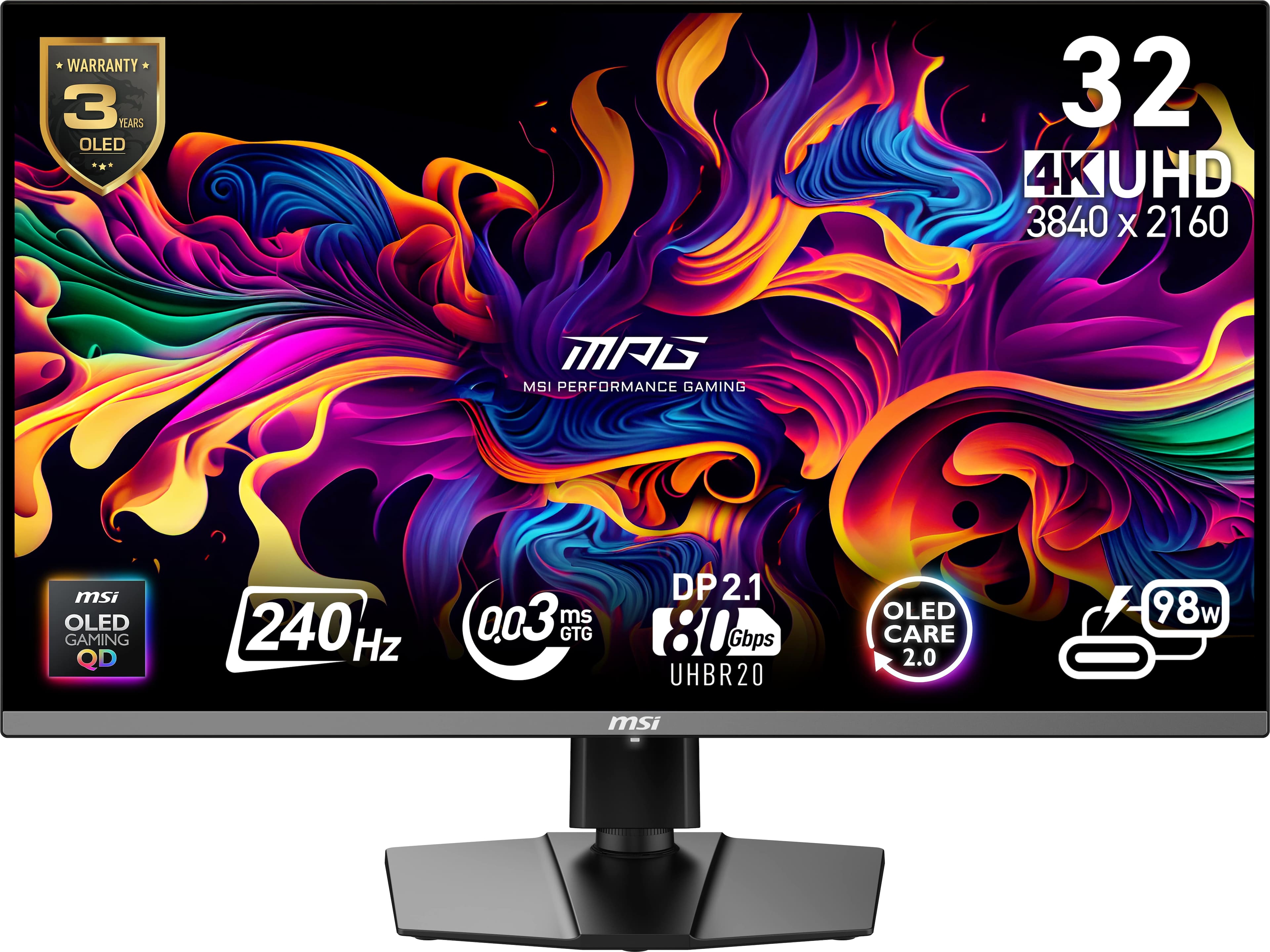 MSI MPG 322URX QD-OLED monitor displaying Cyberpunk 2077 with vibrant HDR highlights