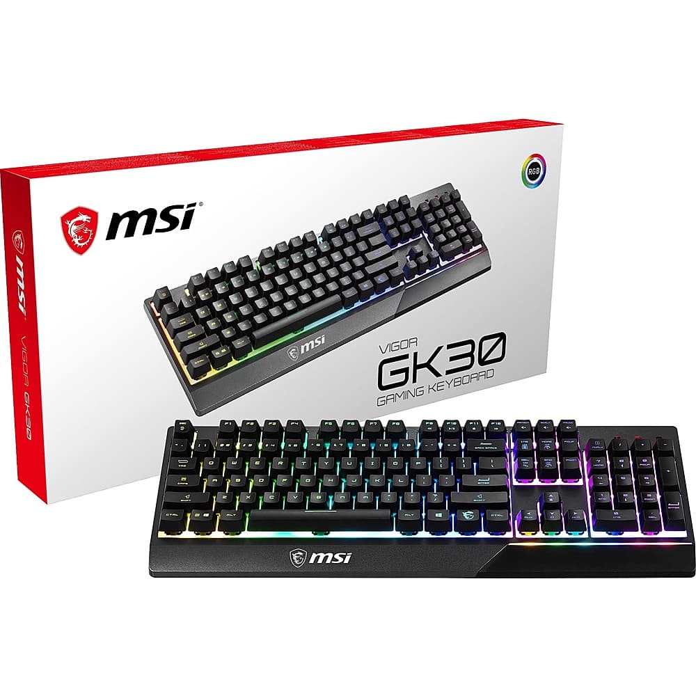 MSI Vigor GK30 RGB gaming keyboard on a gaming desk