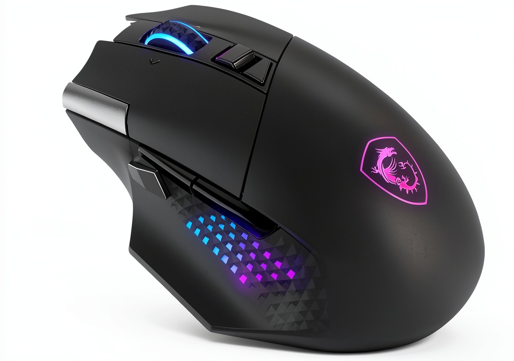 MSI Versa Pro Wireless Gaming Mouse on a wooden desk with RGB lighting