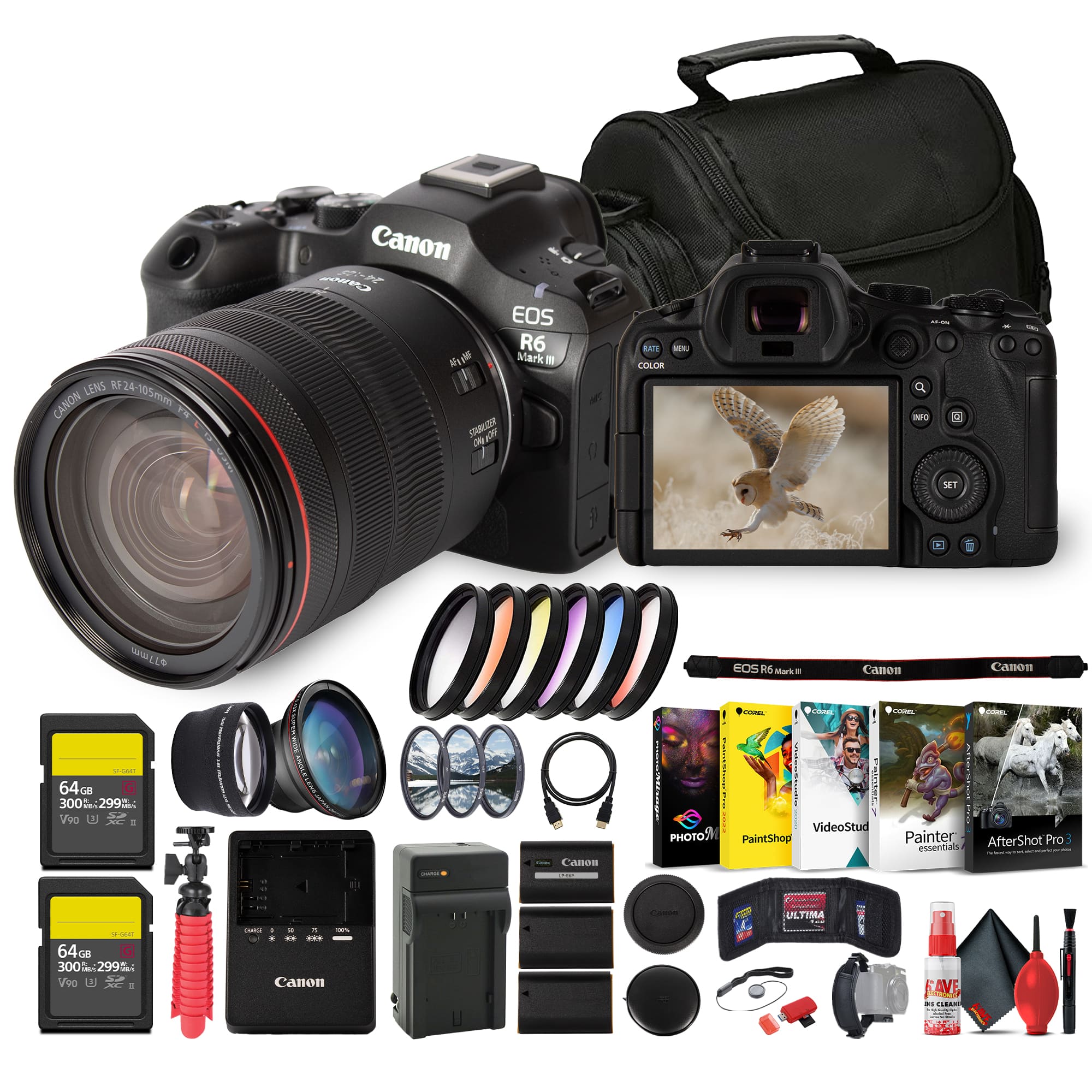 Canon EOS R6 Mark III camera with 24-105mm lens on a tripod in a studio setting