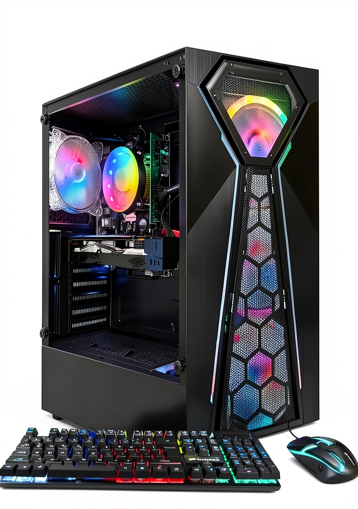 STGAubron Gaming Desktop with RGB lighting and connected peripherals