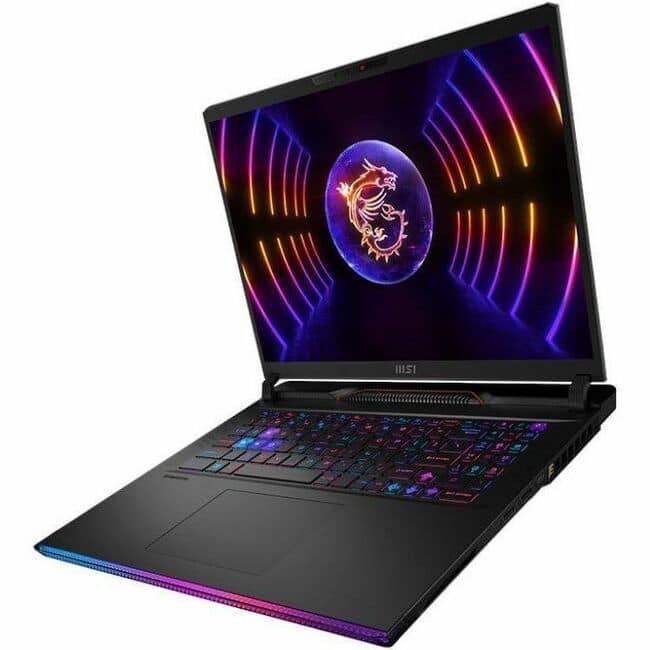 MSI Raider GE68 HX gaming laptop with matrix lighting on a desk