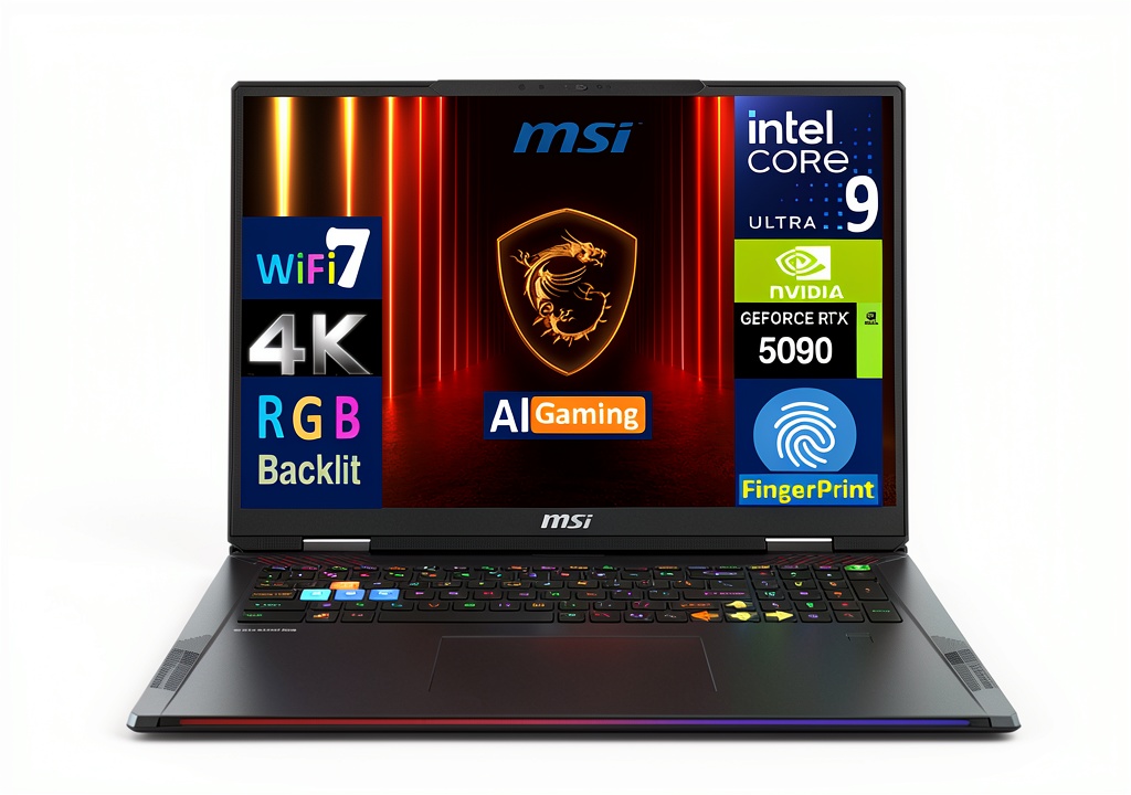 MSI Raider Laptop Ultra 9 RTX 5090 running a 3D rendering application on a minimalist desk setup