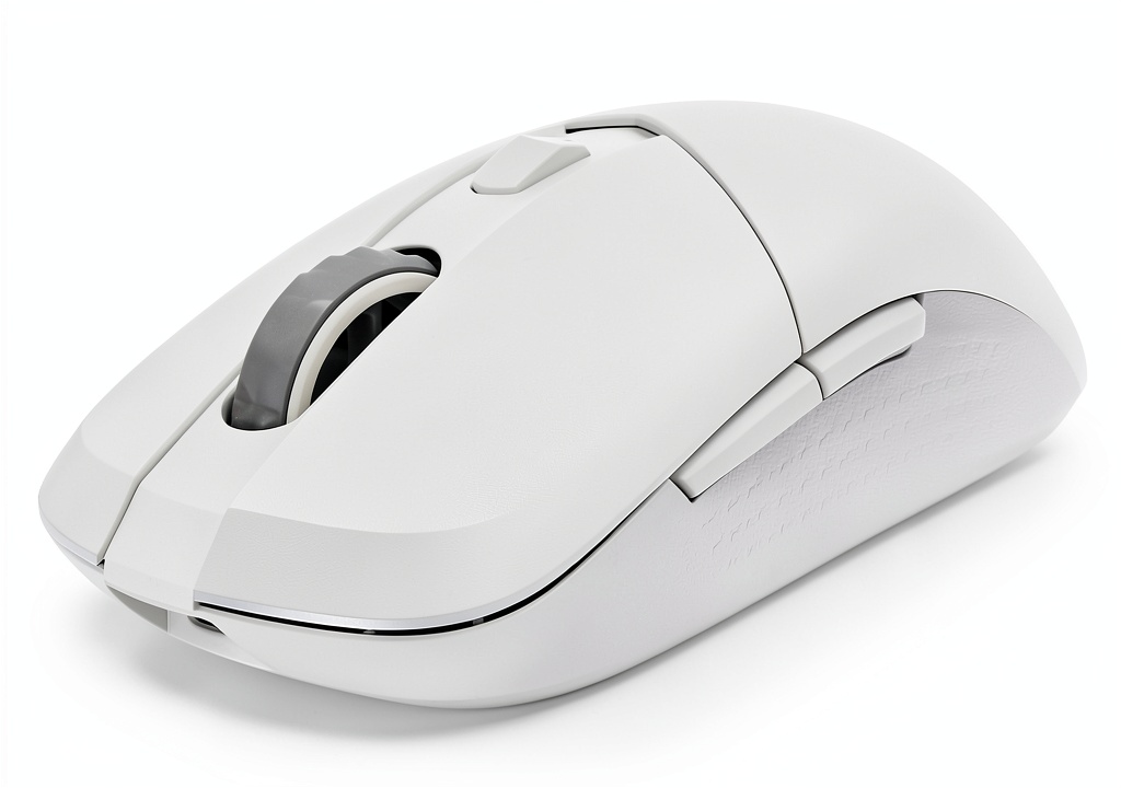 MSI VERSA 300 Wireless Gaming Mouse White 60g 50H on wooden desk with gaming setup