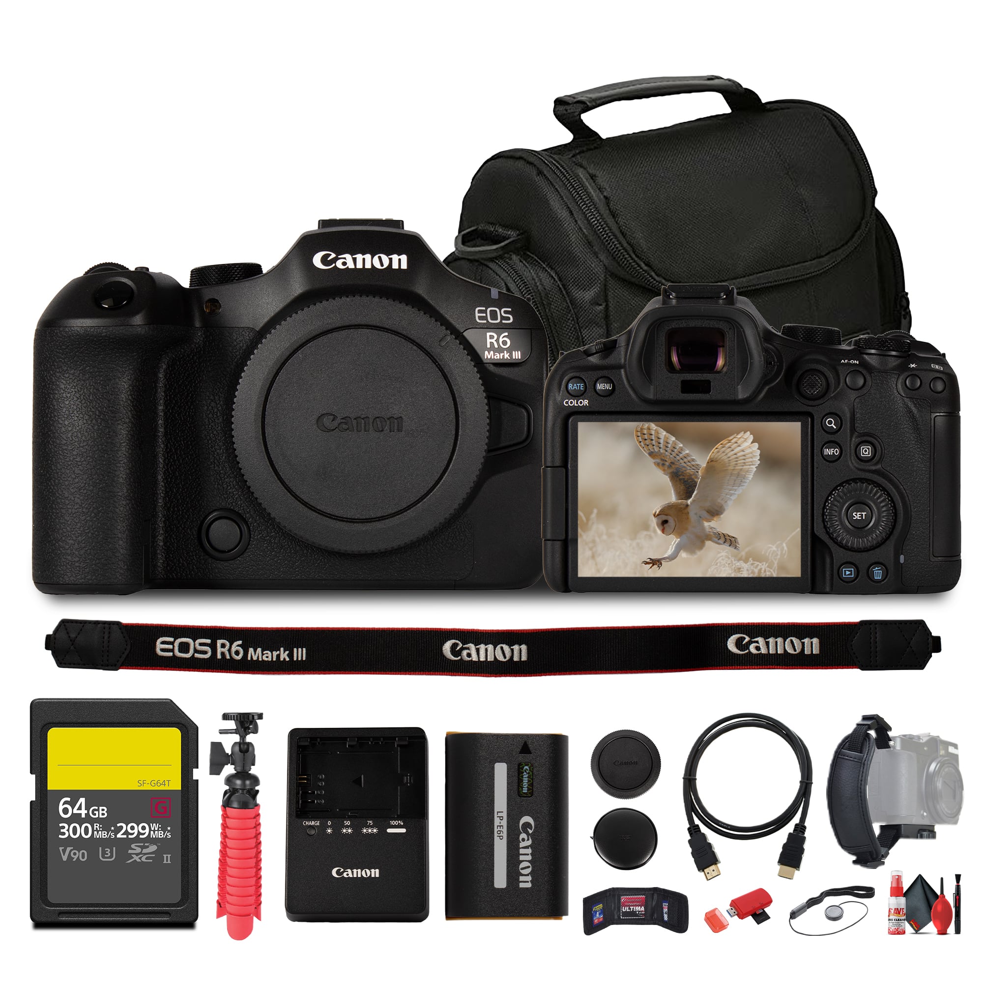 Canon EOS R6 Mark III camera with accessories on a studio table