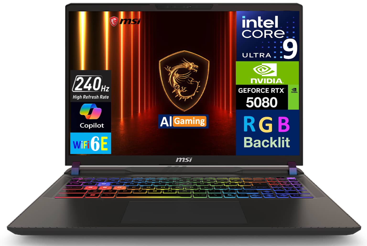 MSI Vector AI Gaming Laptop displaying high-resolution graphics on a desk