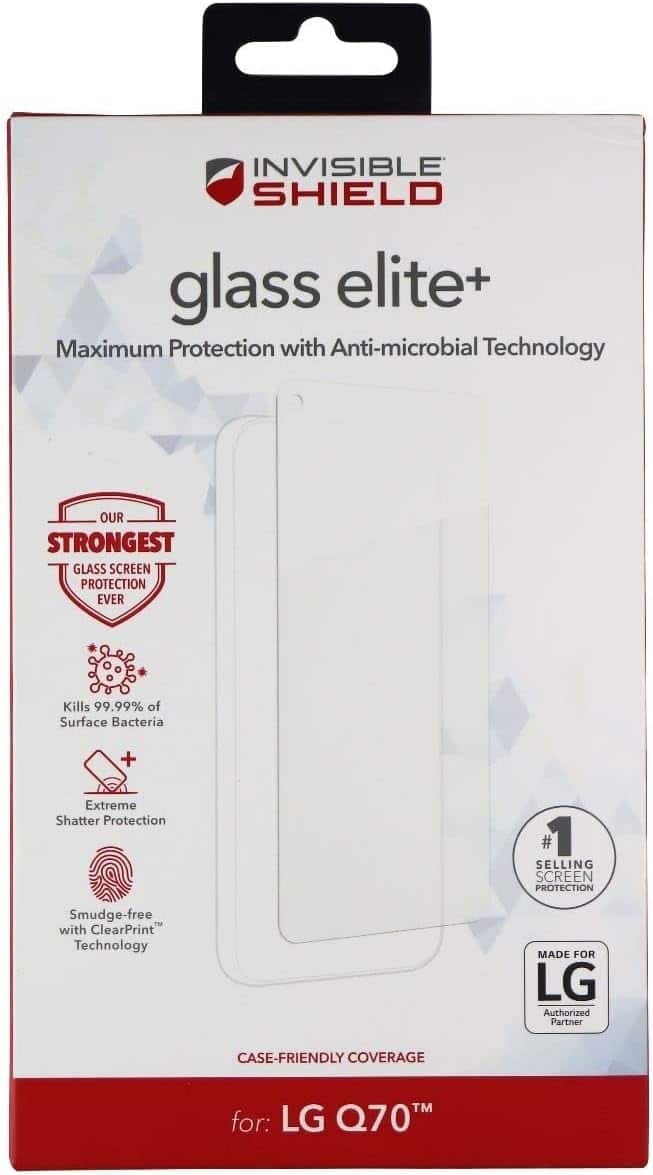 ZAGG Glass Elite+ screen protector applied on LG Q70 showing clear display