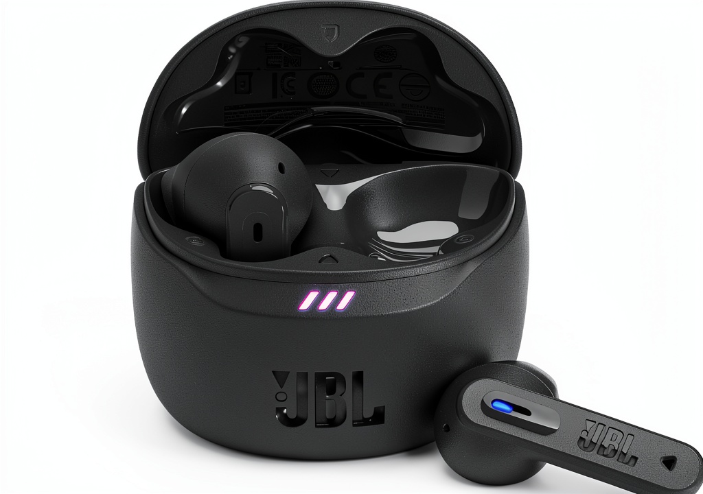 JBL Tune Flex 2 earbuds in charging case with ear tips