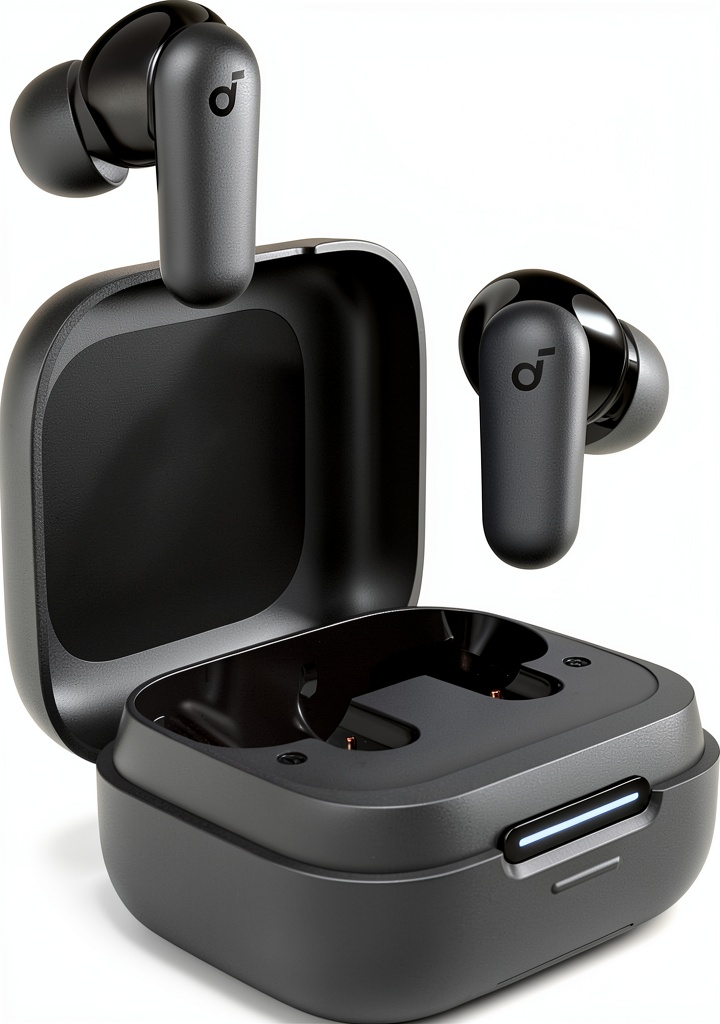 Soundcore P30i earbuds in charging case on a table
