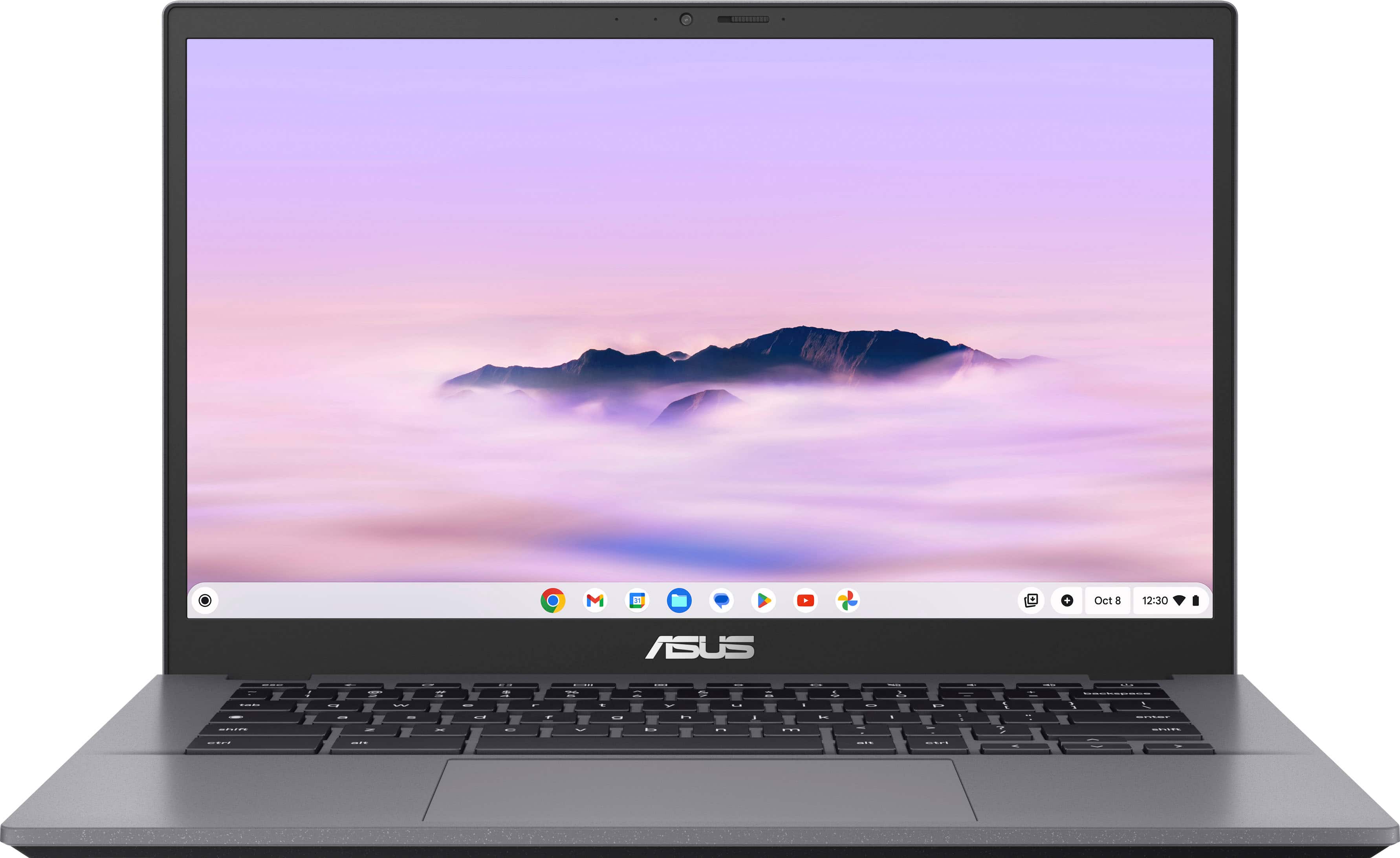 ASUS Chromebook Plus laptop displaying Google apps on anti-glare screen