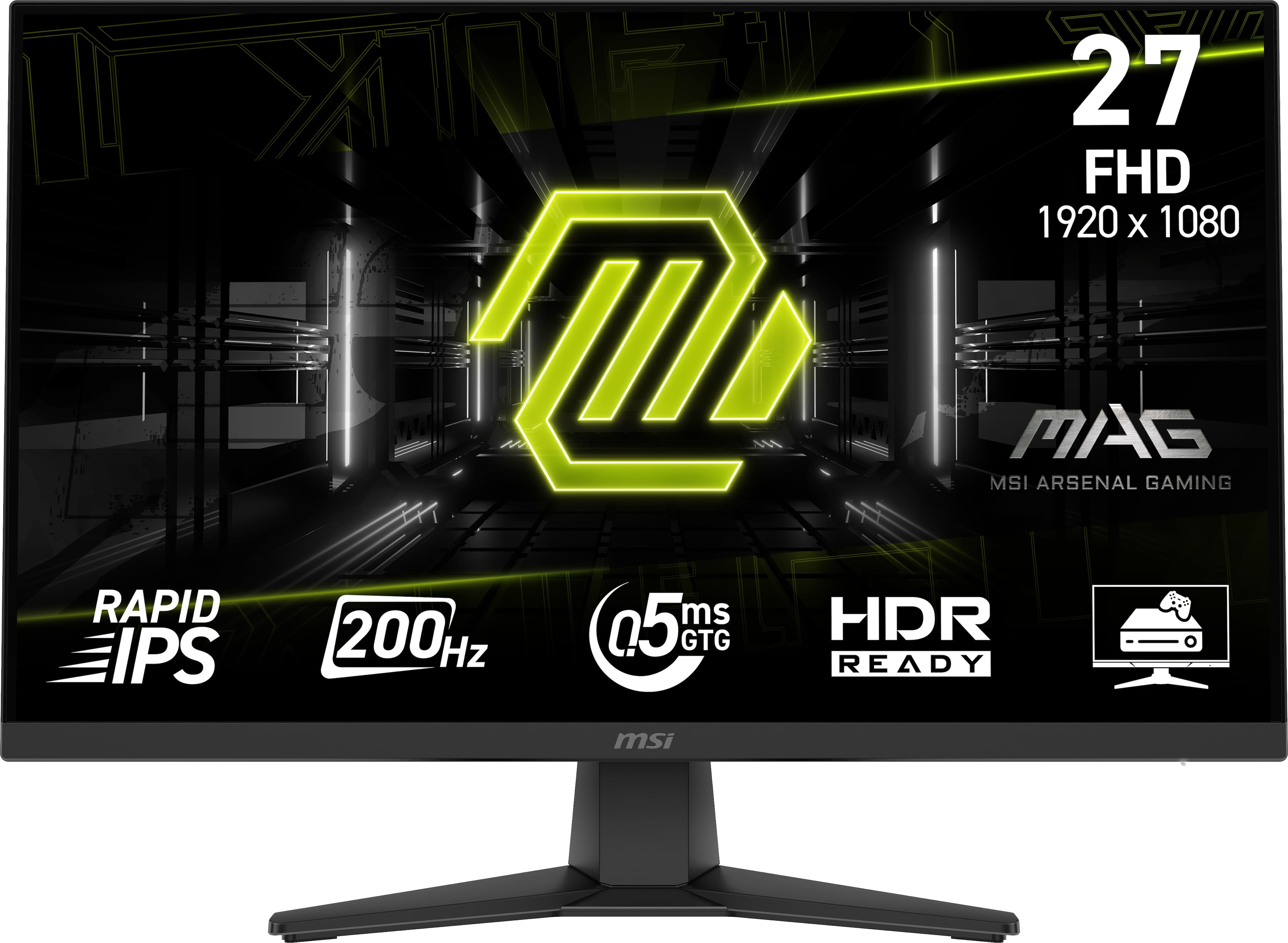 MSI MAG 272F 27-inch gaming monitor on a desk with cables and accessories