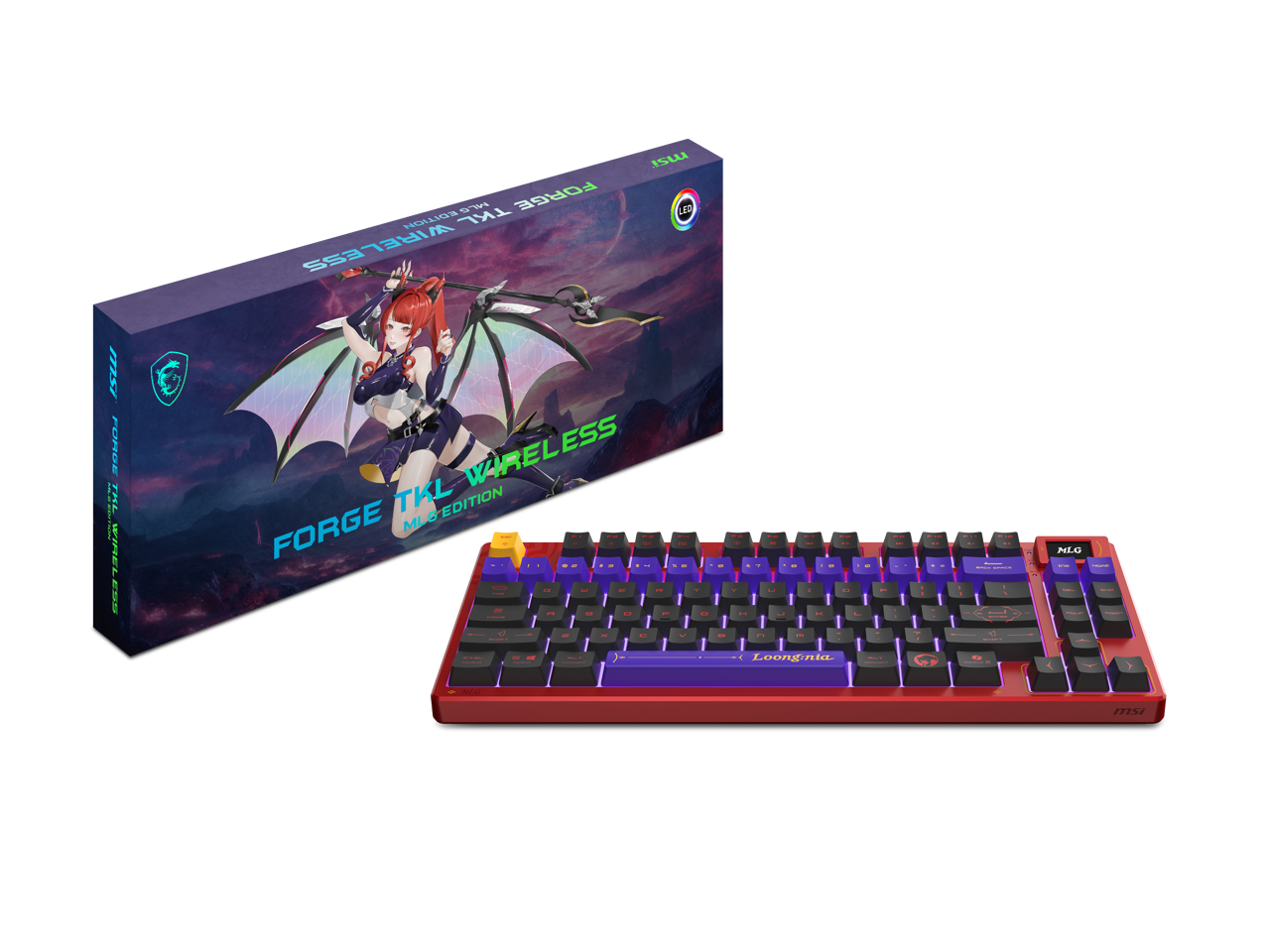 MSI Forge TKL Wireless MLG Gaming Keyboard on a gaming desk with RGB lighting