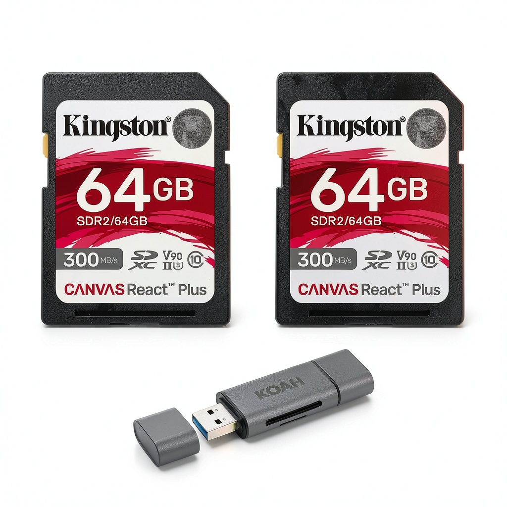 Kingston Canvas React Plus SD cards being installed in a DSLR camera on a studio table