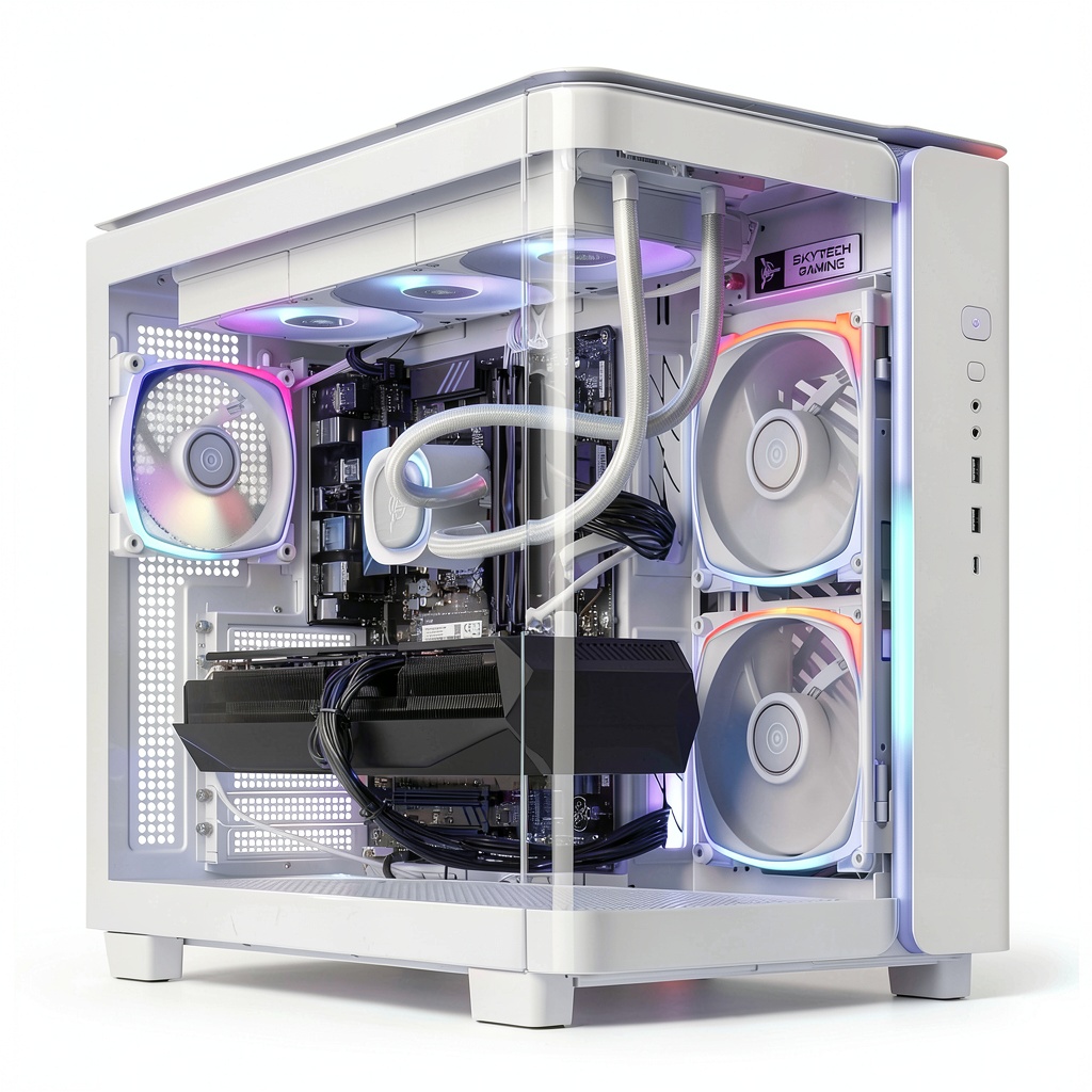 Skytech Gaming KING95 desktop showing white chassis and internal components