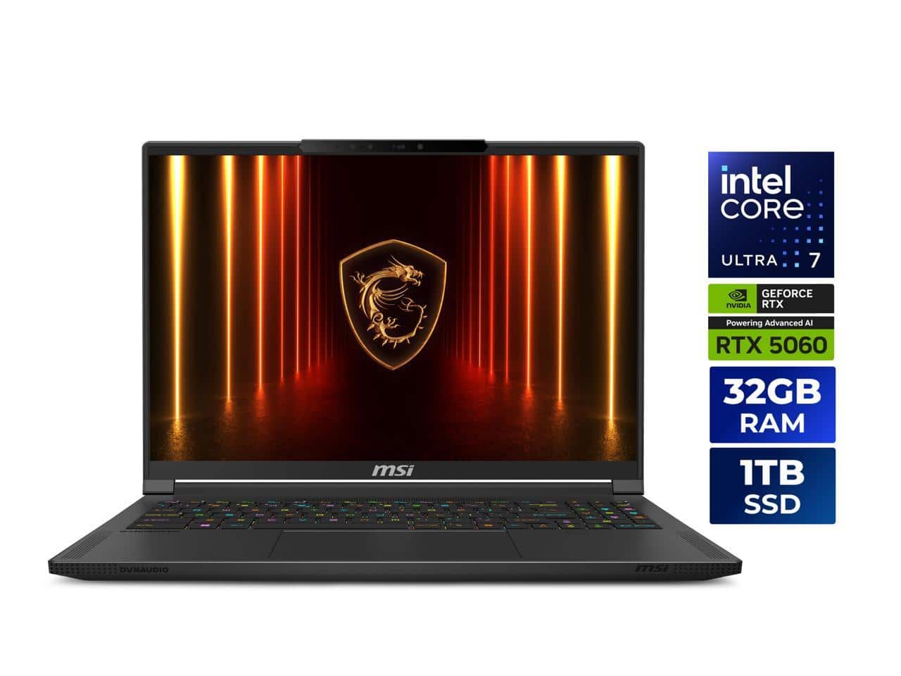 MSI Stealth 16 AI laptop displaying graphics on a dark desk