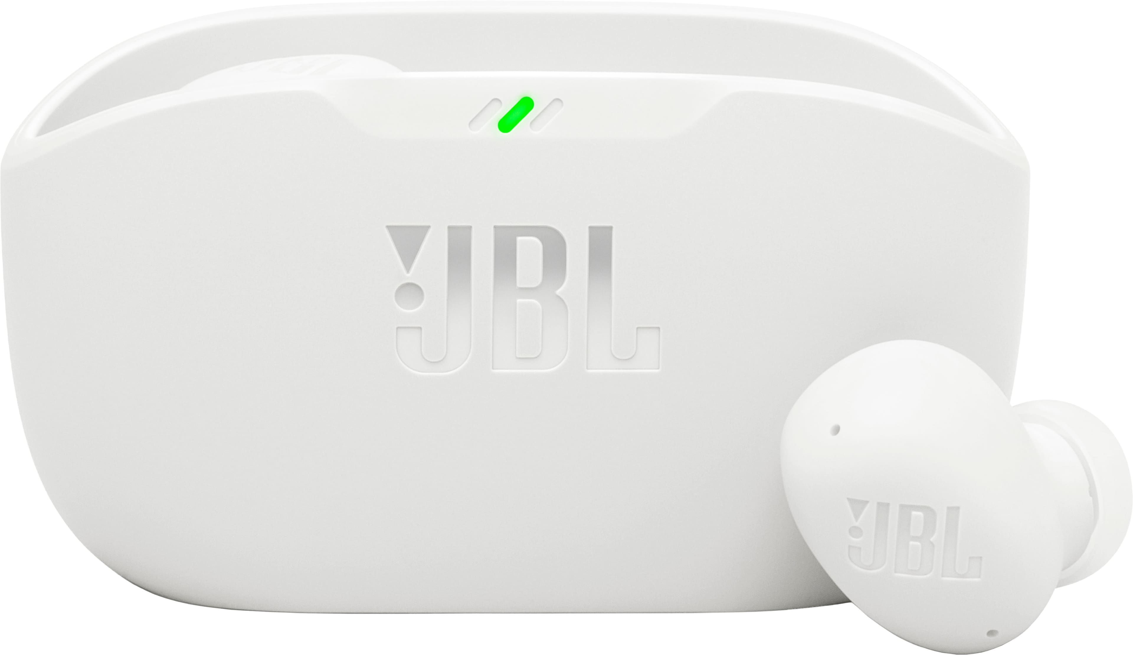 Installing JBL Vibe Buds 2 Noise Cancelling Earbuds Black White on a wooden desk