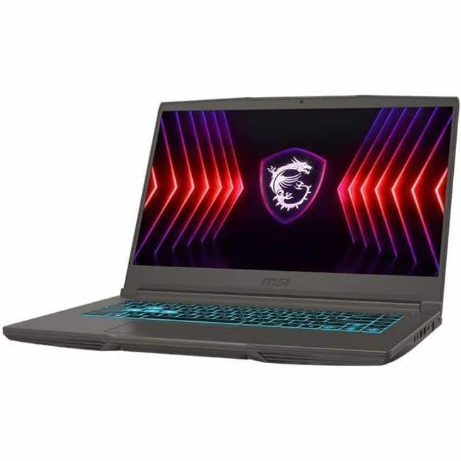 MSI Thin A15 gaming laptop on a desk with accessories