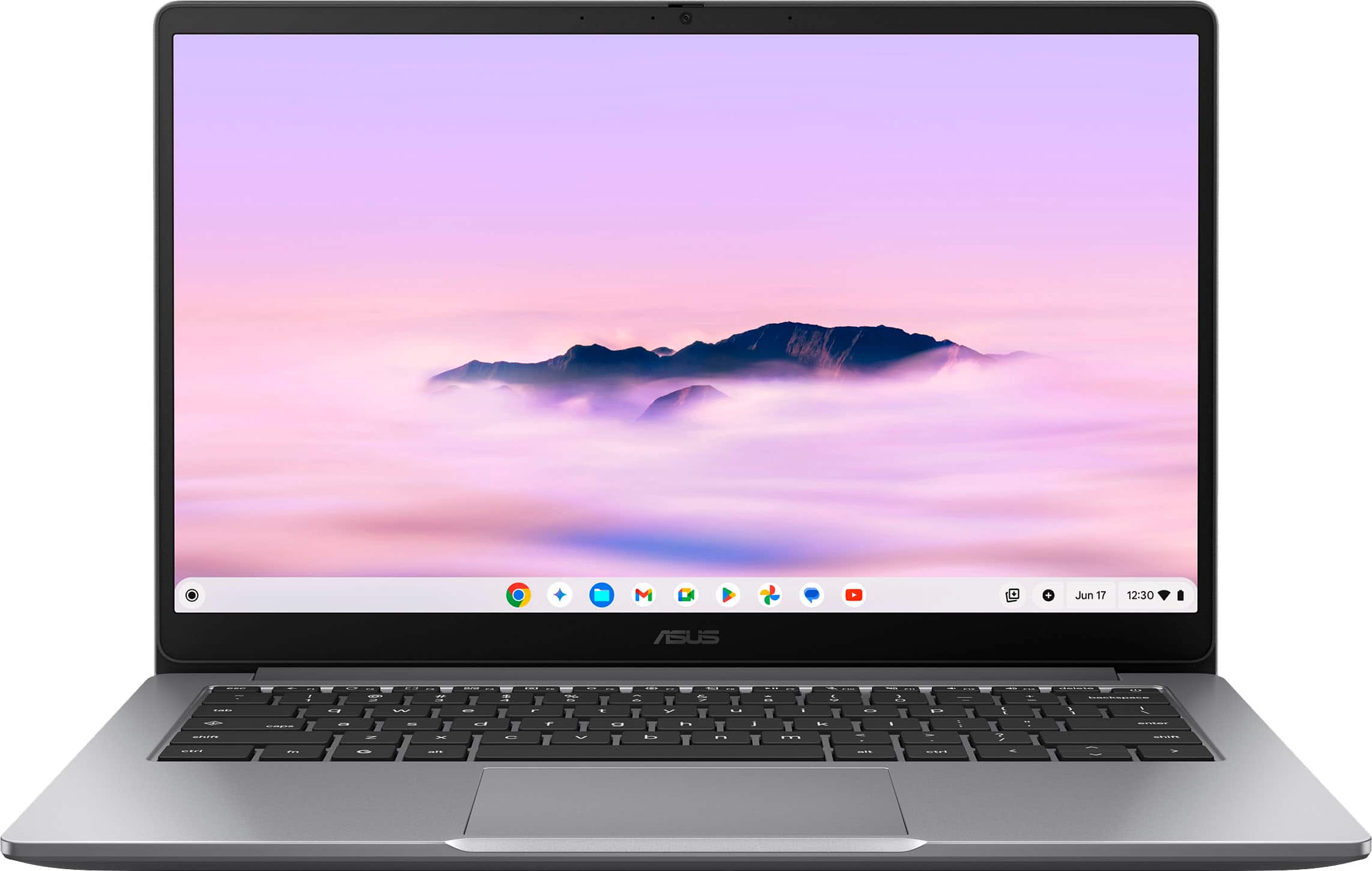 ASUS CX14 Chromebook Plus showing FHD display and misty grey finish